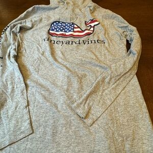 Vineyard Vines Heather Gray Long Sleeve Hoodie Tee with Flag Whale Size S